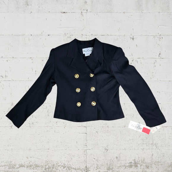 80s Vintage Black Double Breasted Deadstock Oleg Cassini Cropped Blazer Size 8 - Picture 1 of 11